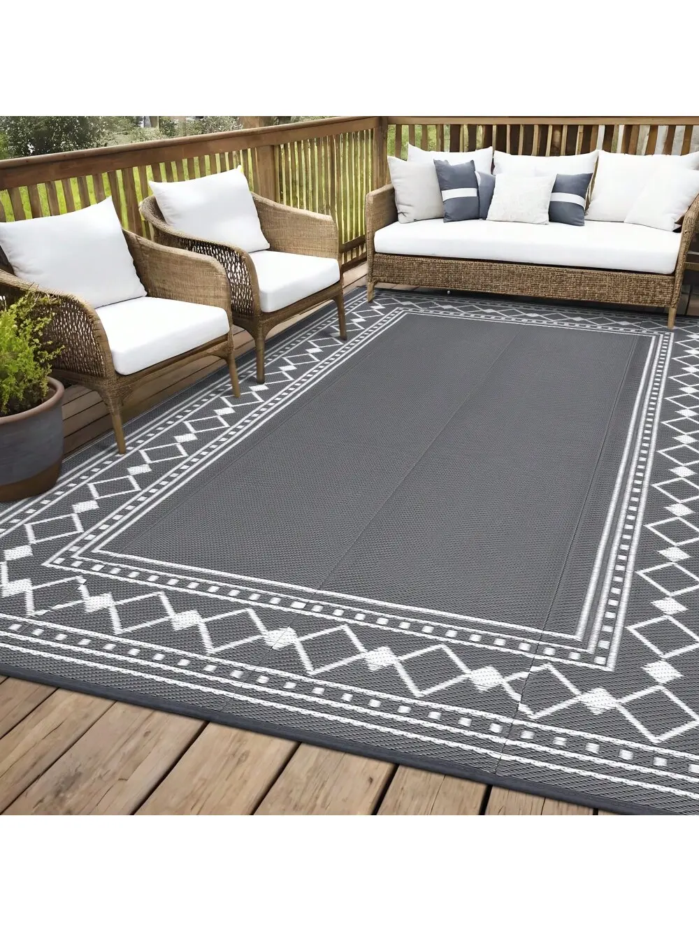 Gaomon Gray-Black 8x10ft Outdoor Area Rug, Waterproof Plastic Straw Geometry Area Rugs with Fold & Go Bag, Secure Stake Hold, Reversible Lightweight Portable UV-Resistant Mat for Patio Deck, Outdoor Events