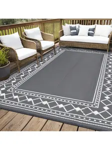 Gray-Black-9*12 feet  Outdoor Area Rug Waterproof Plastic Straw Camping Rugs Modern Stylish Geometric Reversible Light Weight Portable Mat UV Resistant Outdoor Carpet For Patio RV Trip Balcony Beach Picnic