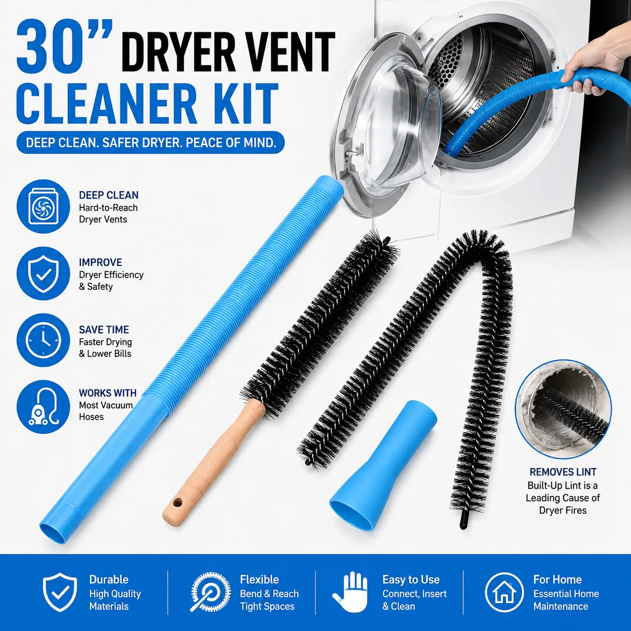 30" Dryer Vent & Lint Cleaner Kit | Vacuum Hose Attachment with Long Reach Brushes 30" Dryer Vent & Lint Cleaner Kit | Vacuum Hose Attachment with Long Reach Brushes