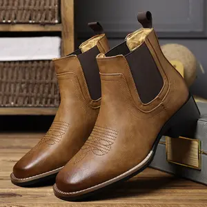 Men's classic casual work ankle boots with a square toe in a western style. Comfortable and durable for daily wear. Fashionable Chelsea boots with golden embroidery. Suitable for business occasions. Cowboy boots. Bota Vaquera work boots