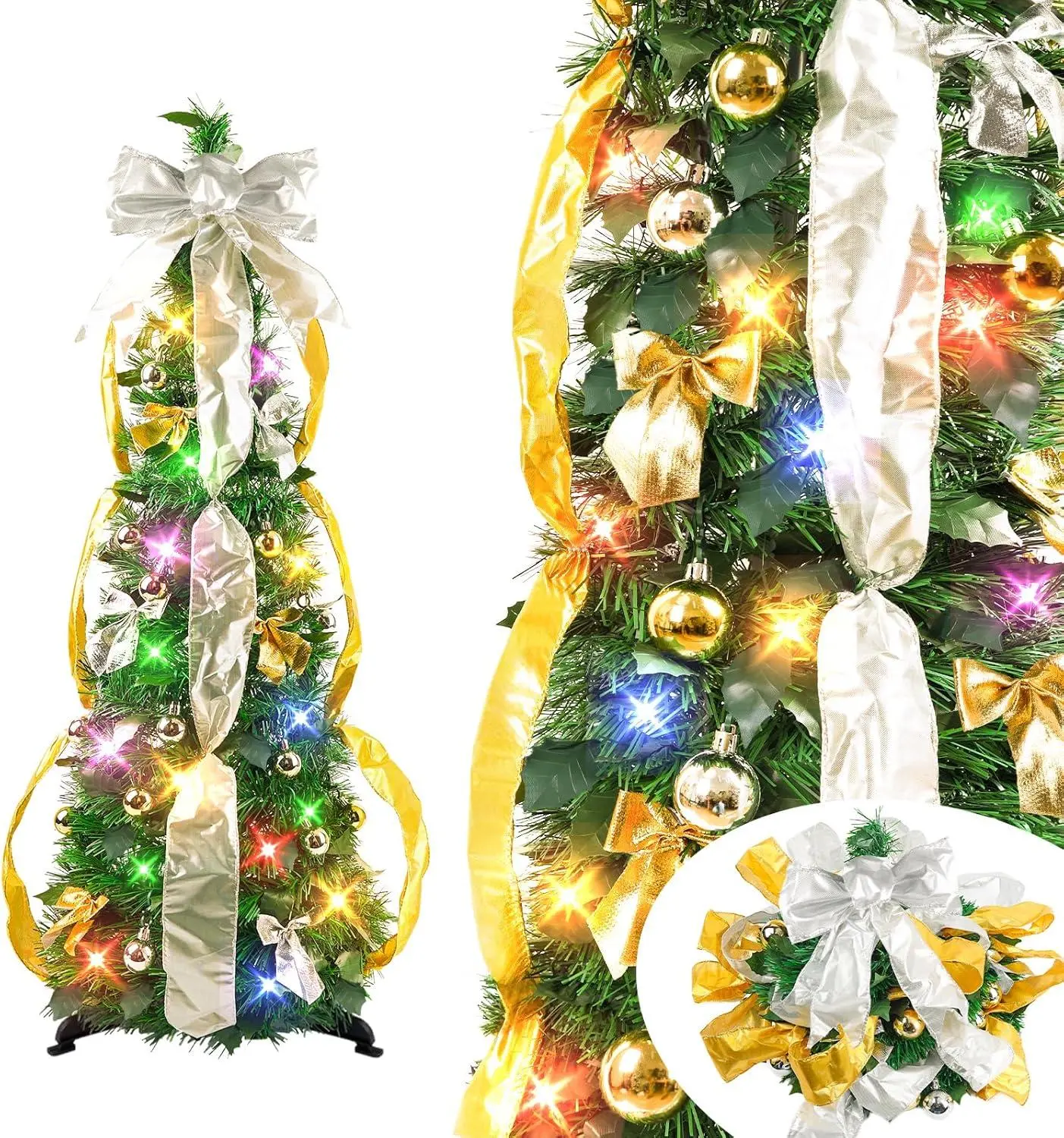 N&T NIETING 3FT Green Pop Up Christmas Tree with 8 Modes Lights Timer Predecorated Collapsible Artificial Tree for Home Office Indoor Outdoor Party Xmas Décor