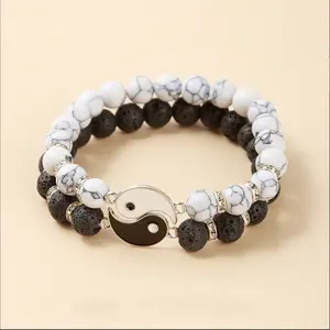 AFS Jewelry Yin Yang Energy Balance Bracelet Volcanic Stone & Howlite for Harmony & Protection, Matching Couple Bracelet Set Spiritual Gift for Him & Her