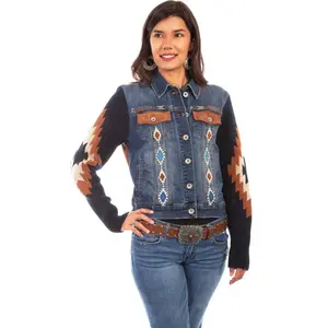 Honey Creek Aztec Embroidery - Womens Sweater Sleeve Denim Jacket