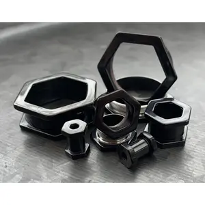 PAIR of Unique Hexagon Black Screw Fit Tunnels - Gauges 8g (3.2mm) thru 1" (25mm)