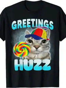 Cat Pattern T-Shirt, Greetings Huuzz Lollipop & Propeller Hat Cat Print, Street Style, Casual Fashion Tee for Daily Wear