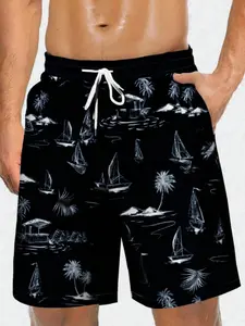 Men's Breathable Quick-Dry Beach Shorts, Trendy Sailboat Pattern Casual Swim Trunks, Summer Island Style Drawstring Waist