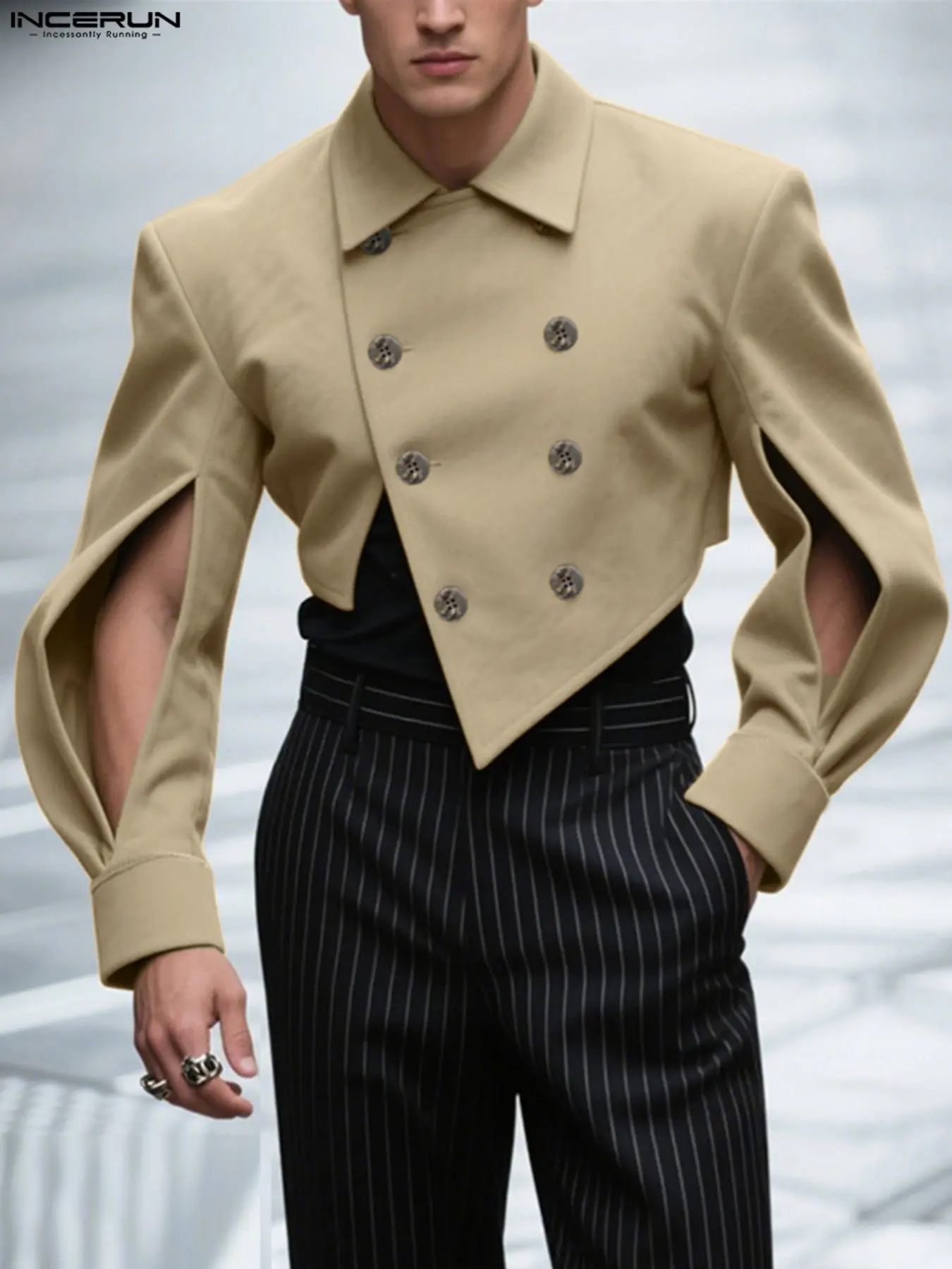 INCERUN Men's Fashion Casual Solid Color Double-Breasted Long Sleeve Suit Jacket, Perfect for Autumn Winter Daily Wear, Stylish and Comfortable