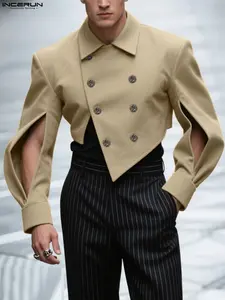 INCERUN Men's Fashion Casual Solid Color Double-Breasted Long Sleeve Suit Jacket, Perfect for Autumn Winter Daily Wear, Stylish and Comfortable