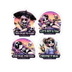 Goth Girl Skull Beach Scene Kiss-Cut Stickers | Cute Spooky Vinyl