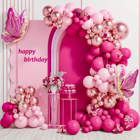 108pcs Butterfly Balloon Decorations Garland Arch Kit - Metal Chain, Rubber Latex Supplies, Pink Rose Gold Decor for Kids Birthday, Bridal Shower Party, Balloon Arch Frame