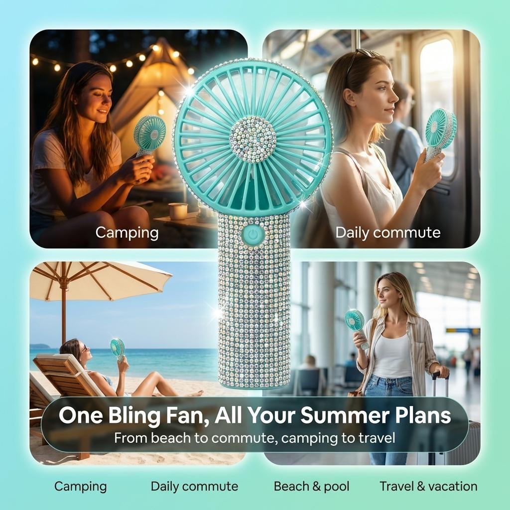 Portable Handheld Mini Fan, Bling Rhinestone, 17000RPM High Speed Personal Cooling Fan, 2400mAh Rechargeable Battery 6-18H Runtime, USB-C Fast Charge, Pocket Size for Wedding, Travel, Commute, Outdoor, Summer Gift