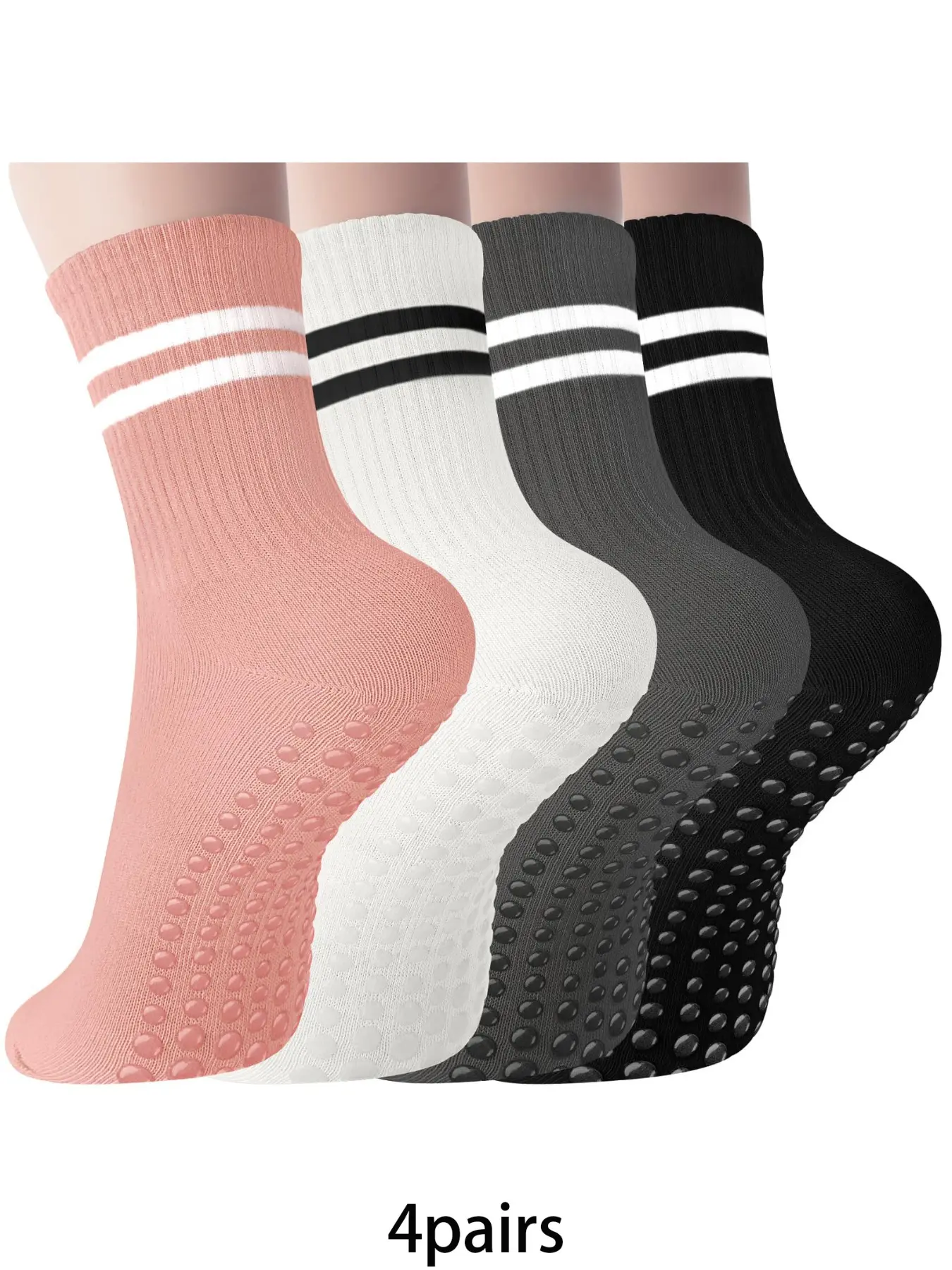 4 pairs of fashionable striped yoga socks with silicone design at the bottom, comfortable and breathable mid tube socks suitable for women's fitness yoga sports wear