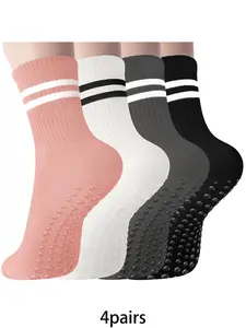 4 pairs of fashionable striped yoga socks with silicone design at the bottom, comfortable and breathable mid tube socks suitable for women's fitness yoga sports wear