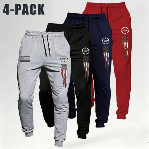 Men’s 1776 American Flag Print Athletic Cuffed Joggers - Breathable Polyester Drawstring Sports Pants, Street Casual Sporty Loose Cut Workout Bottoms