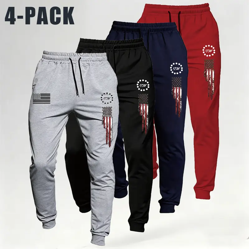 Men’s 1776 American Flag Print Athletic Cuffed Joggers - Breathable Polyester Drawstring Sports Pants, Street Casual Sporty Loose Cut Workout Bottoms