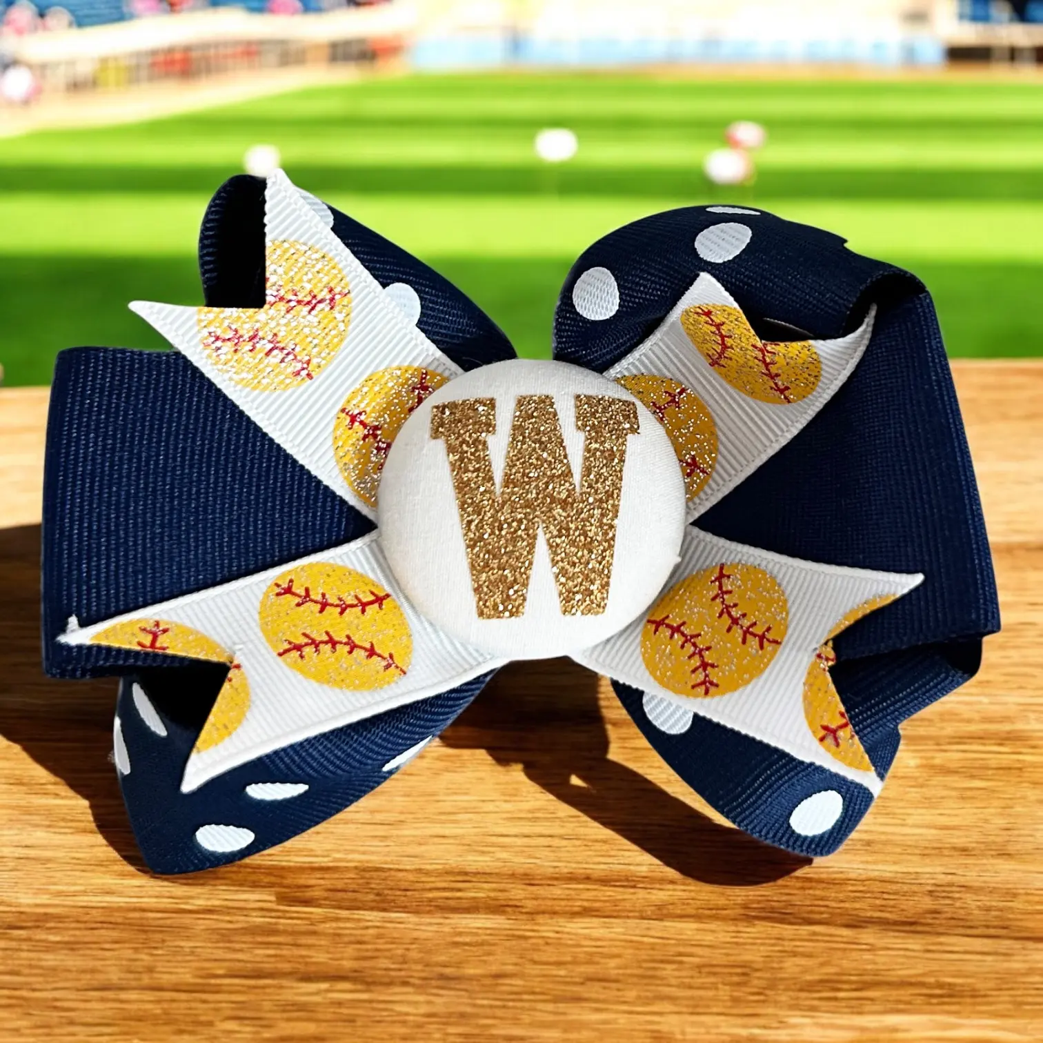 Softball Hair Bow with Personalized Glitter Initial on Clip or Ponytail Holder for Girls Sports Team Navy Gold Whit