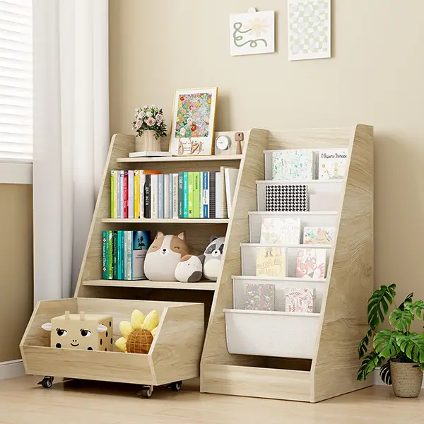 【FallDealsForYou】COZPAW 4-Tier Rolling Wood Toy Storage Cabinet for Kids, 5 Layer Sling Toddler kids furniture Bookshelf,Baby Furniture Book Rack Orga