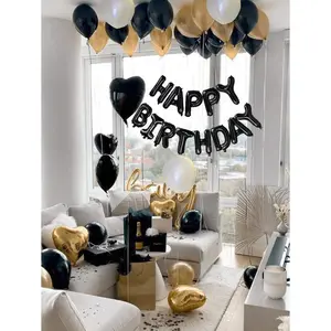 42pcs 16-Inch Black Happy Birthday Letter Foil Balloon Set with Black Gold White Latex & Heart-Shaped Foil Balloons for Birthday Home Parties