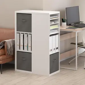 VIOLA 3-Tier Minimalist Bedroom Cube Bookcase, Compact Footprint Engineered Wood Shelf with Storage Bins, Easy Assembly, 13.6x29.3x43.8in, for Living Room Home Office, White/Light Grey Stackable Bookshelf Modern Corner Bookshelf