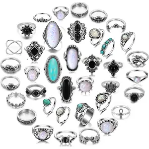 Vintage Silver Knuckle Rings Set for Women Western Turquoise Rings Bohemian Midi Ring Bulk, Chunky Rings,Retro Stone Crystal Stackable Joint Finger Ring Pack