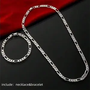 925 Sterling Silver Plated 4MM/6MM Chain for Men Women Bracelet Necklace jewelry set Hypoallergenic, Tarnish-Resistant, Ideal For Parties & Gifts, Versatile Accessory Christma Gifts Charms Wedding