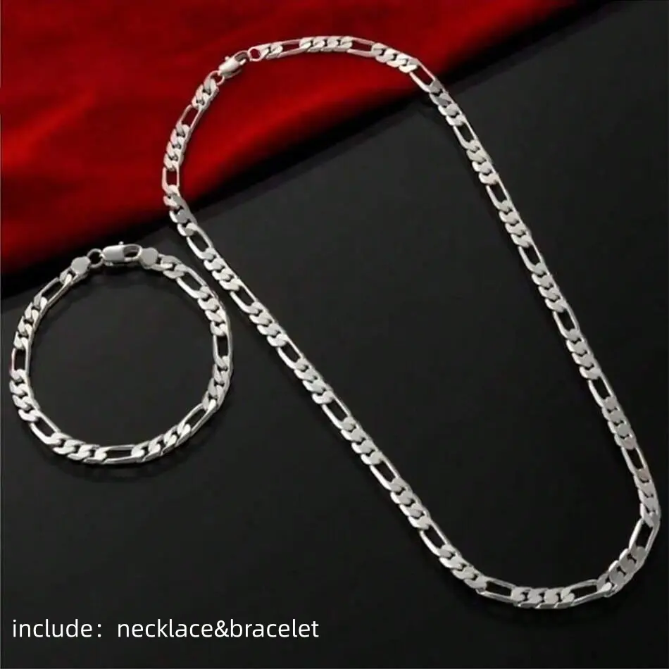 925 Sterling Silver Plated 4MM/6MM Chain for Men Women Bracelet Necklace jewelry set Hypoallergenic, Tarnish-Resistant, Ideal For Parties & Gifts, Versatile Accessory Christma Gifts Charms Wedding