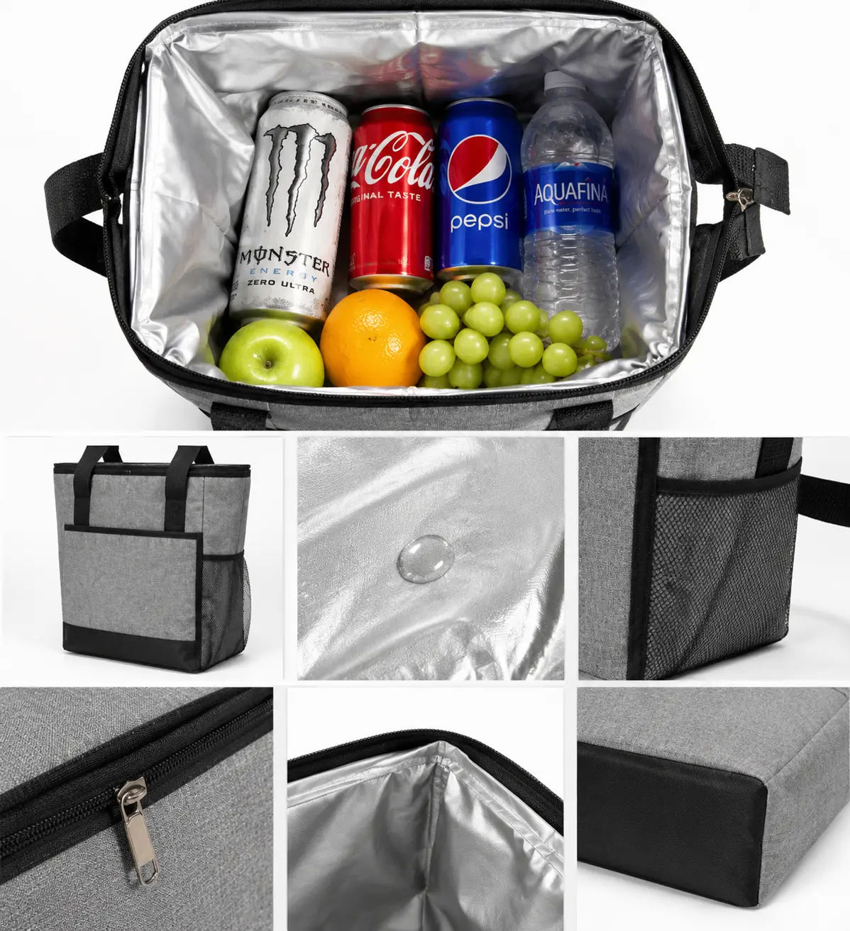 Premium Thermal Insulated Cooler Bag with Mesh Pockets & Zip Closure for Drinks & Groceries - Grey & Black Design