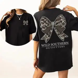 Vintage Camo Bow Hunting Shirt, Wild Southern Camo T-shirt, Simply Printed Graphic Shirt, Daily Casual Cotton Womenswear