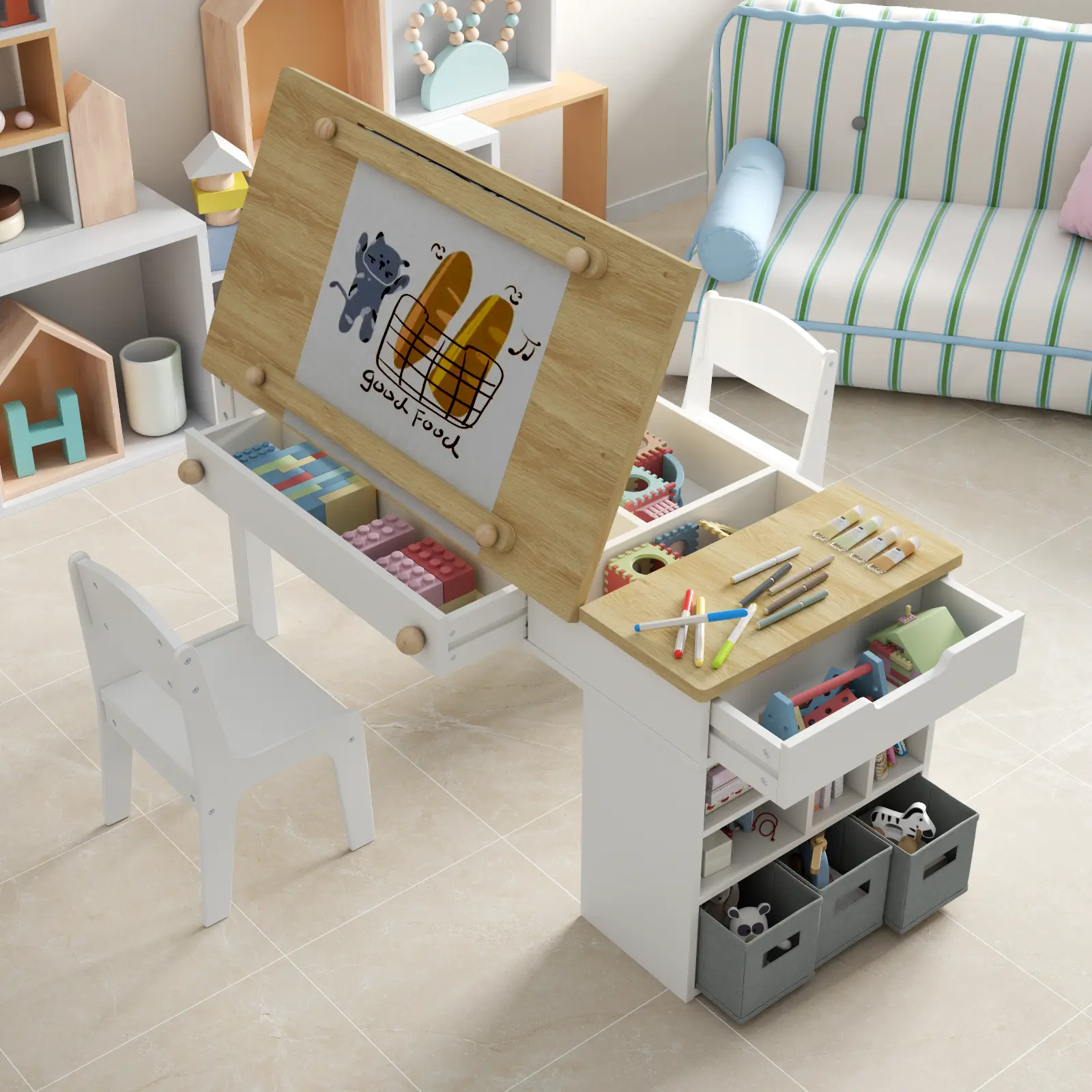 Gyfimoie 3 in 1 Kids Art Table and 2 Chairs Set,Wooden Craft Desk with 2 Drawers,3 Fabric Drawers,Storage shelf,Paper Roll,Learning and Reading, Toddler Activity Play Desk