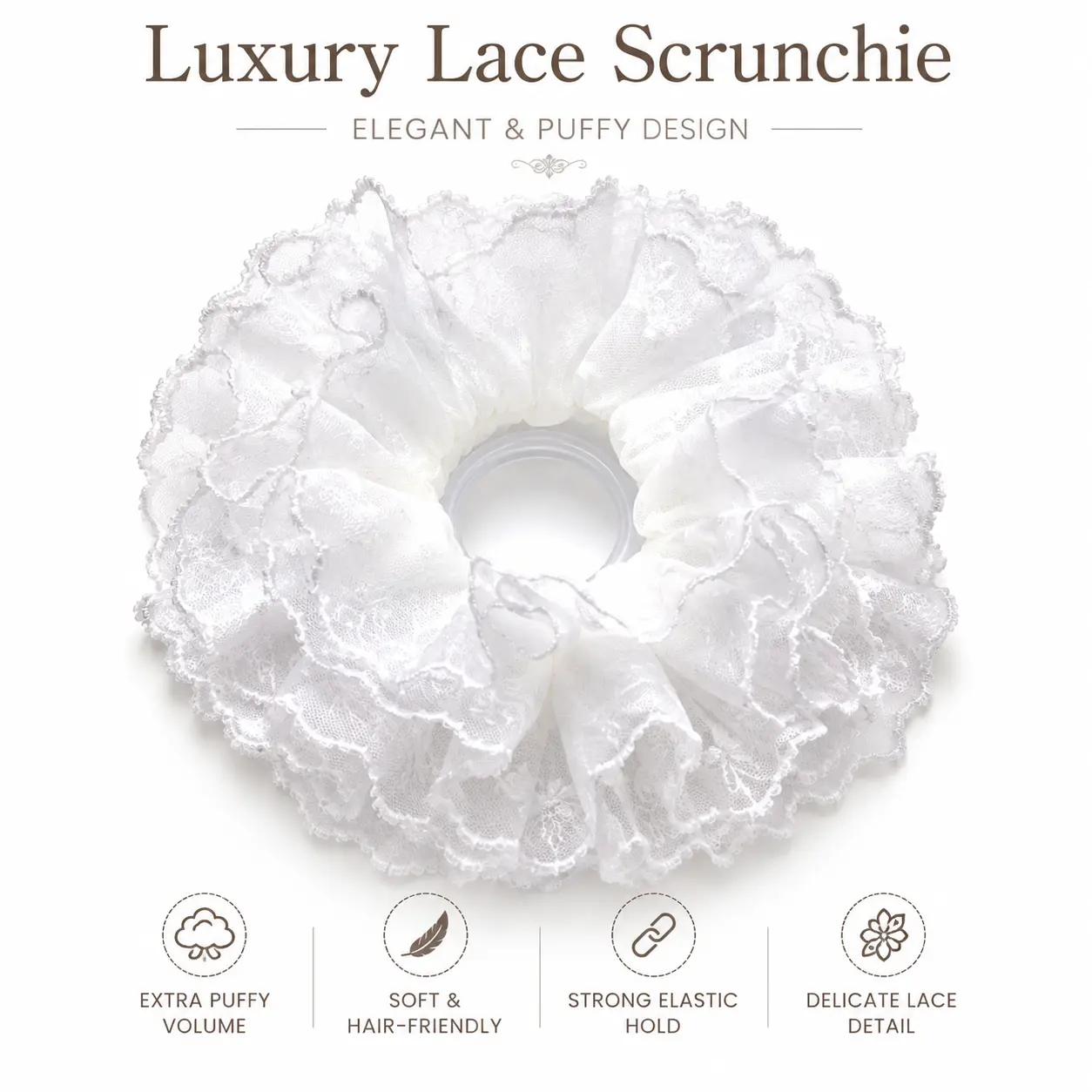 Elegant Extra Puffy Volume White Lace Organza Scrunchie with Lace Trim & Embroidered Accents, Comfortable Hair Accessory for Auspicious Occasions & Everyday Use, Puffy Design, Birthday, Embroidered Lace Trim