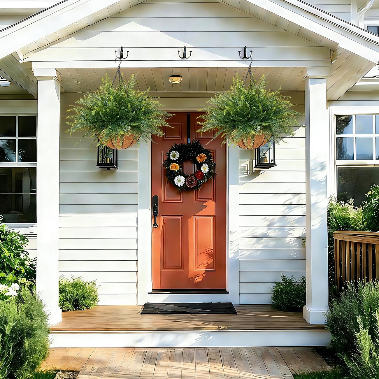 2 Set Artificial Hanging Fern Plants Outdoor Fake Hanging Ferns Planter, Includes Hanging Flower Basket And Artificial Fern, UV Resistant Faux Fern Plant Basket For Outdoors Patio Garden Home Decor