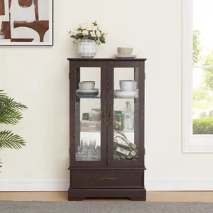 ​​Spaco Cherry Wood Lighted Glass Curio Cabinet – 2 Doors, 1 Drawer, Adjustable Glass Shelves, Includes Bulb, Elegant Display for Collectibles