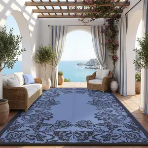 Outdoor Rugs Waterproof Reversible Mats, Large Area Plastic Straw Rug, Outside Carpet, Butterfly Floral Rv Mat for Patio Camping Picnic Backyard Deck Balcony Porch Beach Trailer,Blue