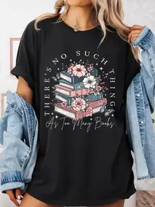Book Lover's Casual Oversized Soft Knit T-Shirt - "There's No Such Thing As Too Many Books" Floral Book Stack Graphic Tee