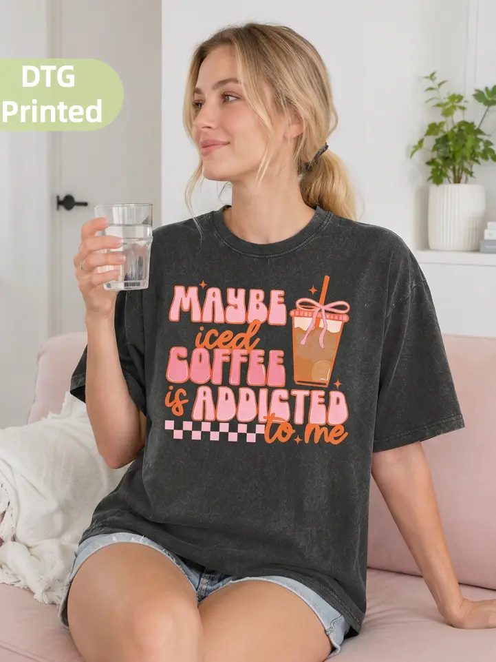 MuseBeau Maybe Iced Coffee Is Addicted To Me 100% Cotton Plus Size Unisex DTG Printed Shirt, Coffee Addicted Shirt, Coffee Lover Gift, Funny Women Shirt, Streetwear Outdoor Y2K Vintage style,Coquette Coffee Tee, Gift For Women/Men,back to school shopping