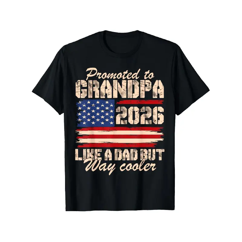 Men's Oversized Menswear Round Neck Short-Sleeve Print T-Shirt - Promoted to Grandpa Est 2026 Soon to Be Grandad US Flag Design, Plus Size Vintage Graphic Tee
