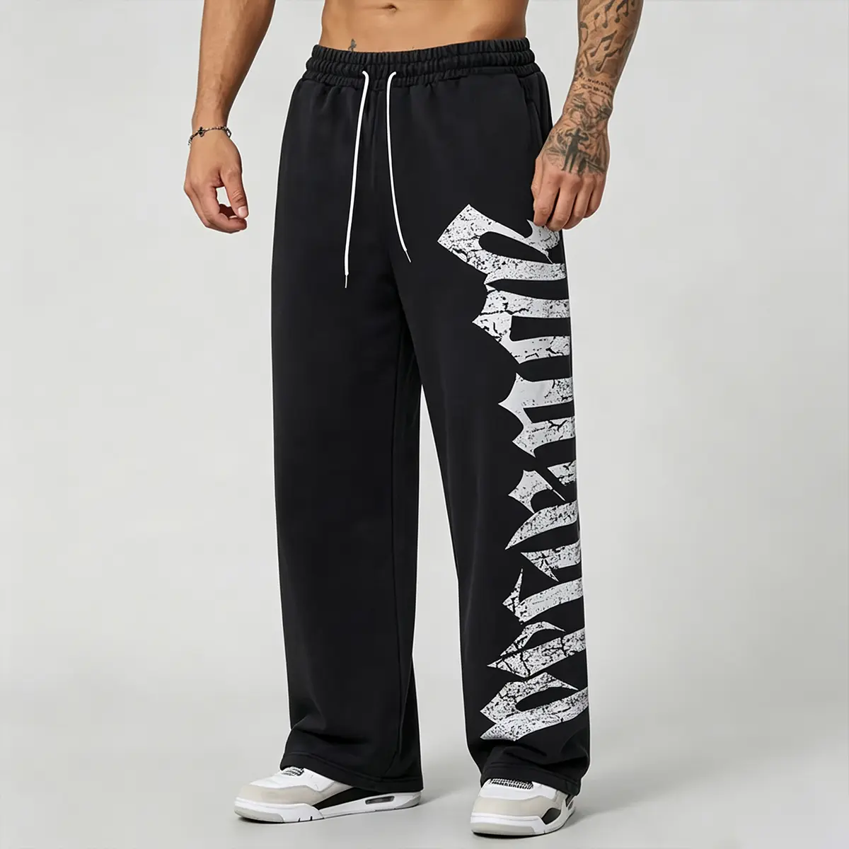 JOGWAVE Unisex Wide Leg Cut Sweatpants - Vertical Gothic Font, Cracked Distressed Vintage Streetwear, Drawstring Waist, Relaxed Fit for Universal Sport, Daily Workout