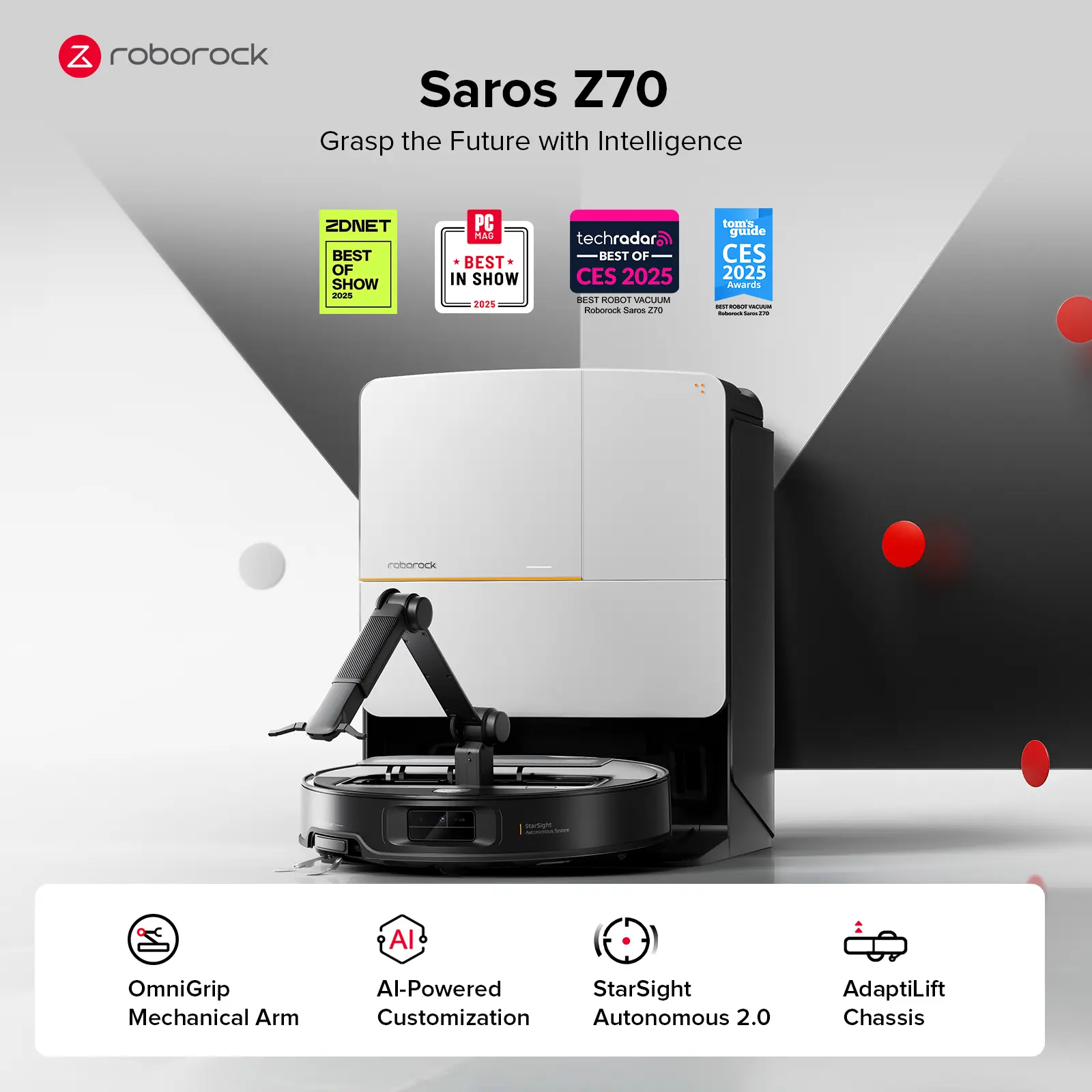 Roborock Saros Z70 Robot Vacuum and Mop, OmniGrip Arm, AI-Powered, 22,000Pa Suction, 3.14’’ Ultra Slim, FlexiArm Riser Technology, AdaptiLift Chassis, Obstacle Avoidance, Auto Mop Washing & Drying