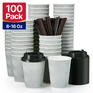 100pc 8oz/12oz/16oz Bulk Paper Coffee Cups | Insulated to Go Cups for Coffee, Tea, Hot Chocolate | Restaurant Supply