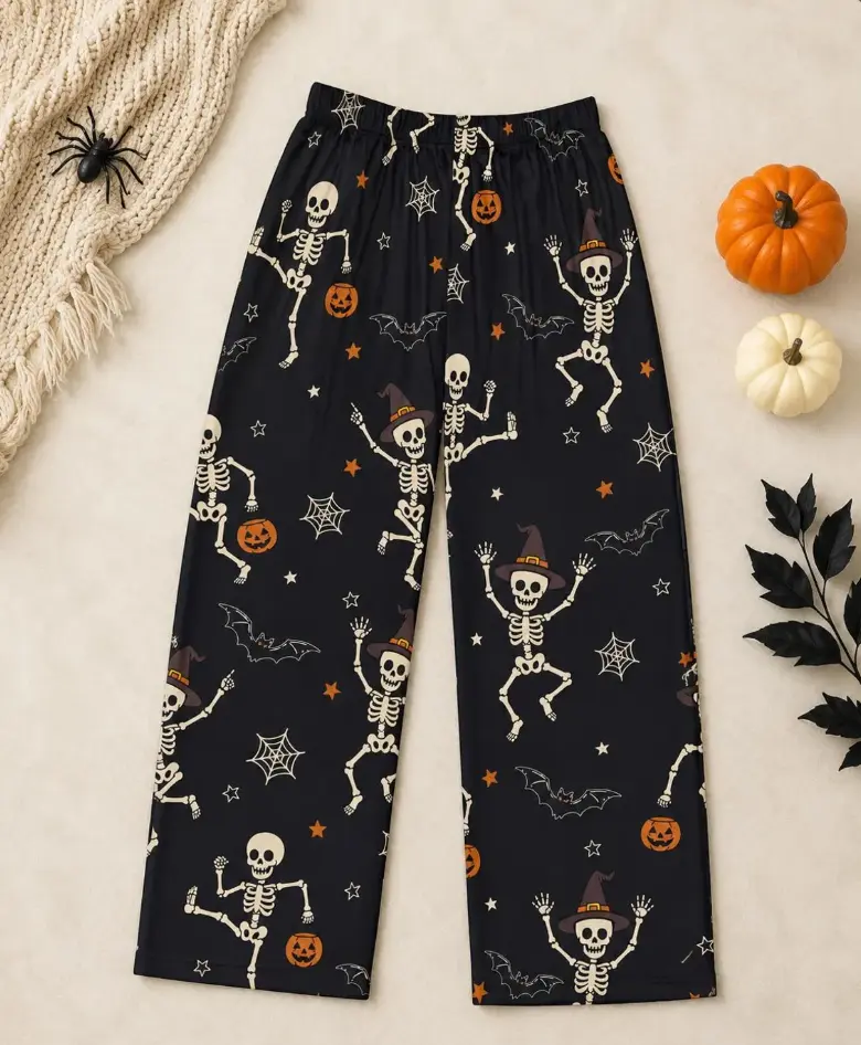 Halloween Skeleton Pajama Pants, Black Spooky Lounge Bottoms, Dancing Bones Pumpkin Bat Sleepwear, Witchy Fall Pajamas
