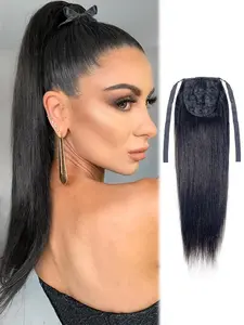 Human Hair Ponytail Hairpieces, 20 Inch Long Straight Strap Design Ponytail Extension, Natural Soft Clip in Hair Extension ponytail for Women Easy to Wear, Human Hair Extensions (Black/Dark Brown)