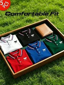 5-Piece Men's Polo Set, Casual Fashion Home Wear, Solid Short Sleeve Horse Print, Contrast Neck, Breathable Daily/golf Shirt, Multiple Colors
