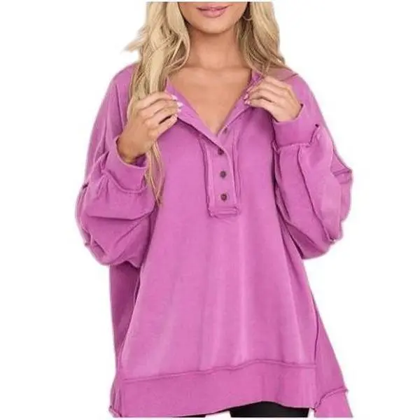 Women's Trending Oversized Henley Sweatshirt Long Sleeve Cotton Blend Fabric with Partial Button Placket Dropped Shoulder Design for Casual Comfort