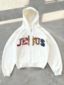 Tiktok Trendy Graphic Zipper Hoodie, Jesus Art Print Casual Fitted Hooded Sweatshirt, Comfortable Daily & Home Wear, Fall&winter Style, Tops