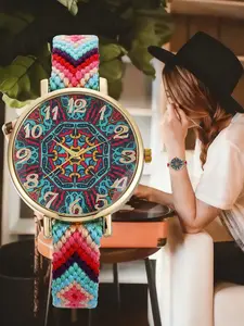 Bohemian Vintage Quartz Watch, Zinc Alloy Case, Nylon Woven Strap, Geometric Pattern Dial, Precision Movement, Women's Daily Commute