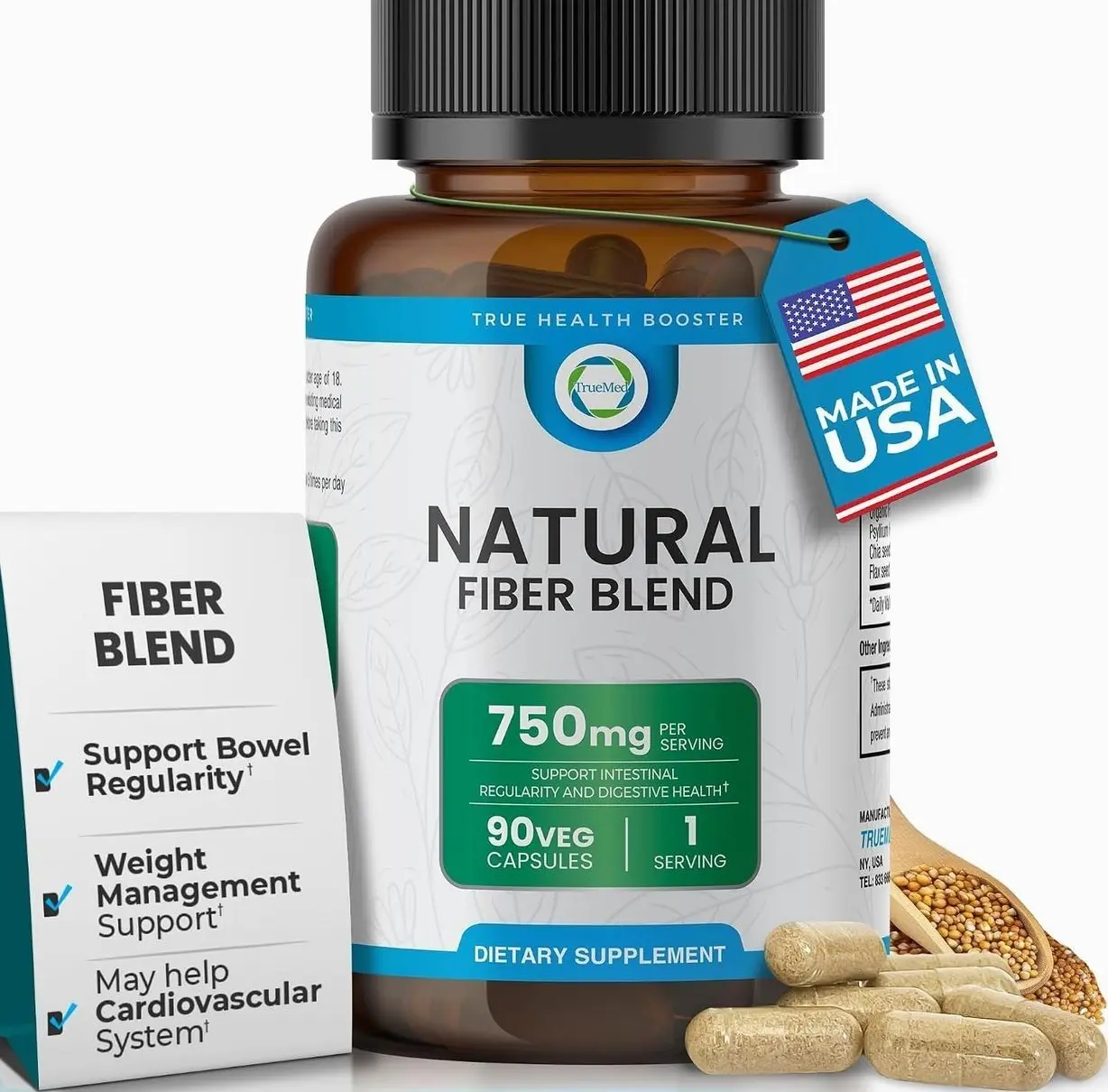 3-in-1 Fiber Supplement – 750mg Organic Blend with Psyllium Husk, Chia & Flax Seed – Plant-Based Fiber Capsules for Digestive Health & Cardiovascular Wellness – Made in USA – 90 Count
