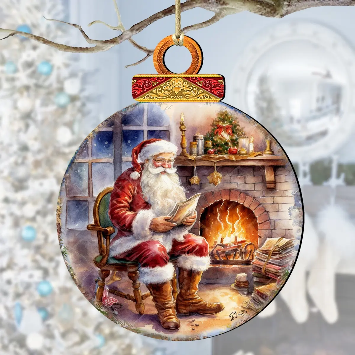 212 MAIN 8611089 Artistic UV-Resistant Handmade Wooden Christmas Ornaments (5x5.5x0.25in) - Cute Festive Decorations for Cozy Little Christmas, Santa-Fireplace & Snowman Home Gifts with Gift Bag