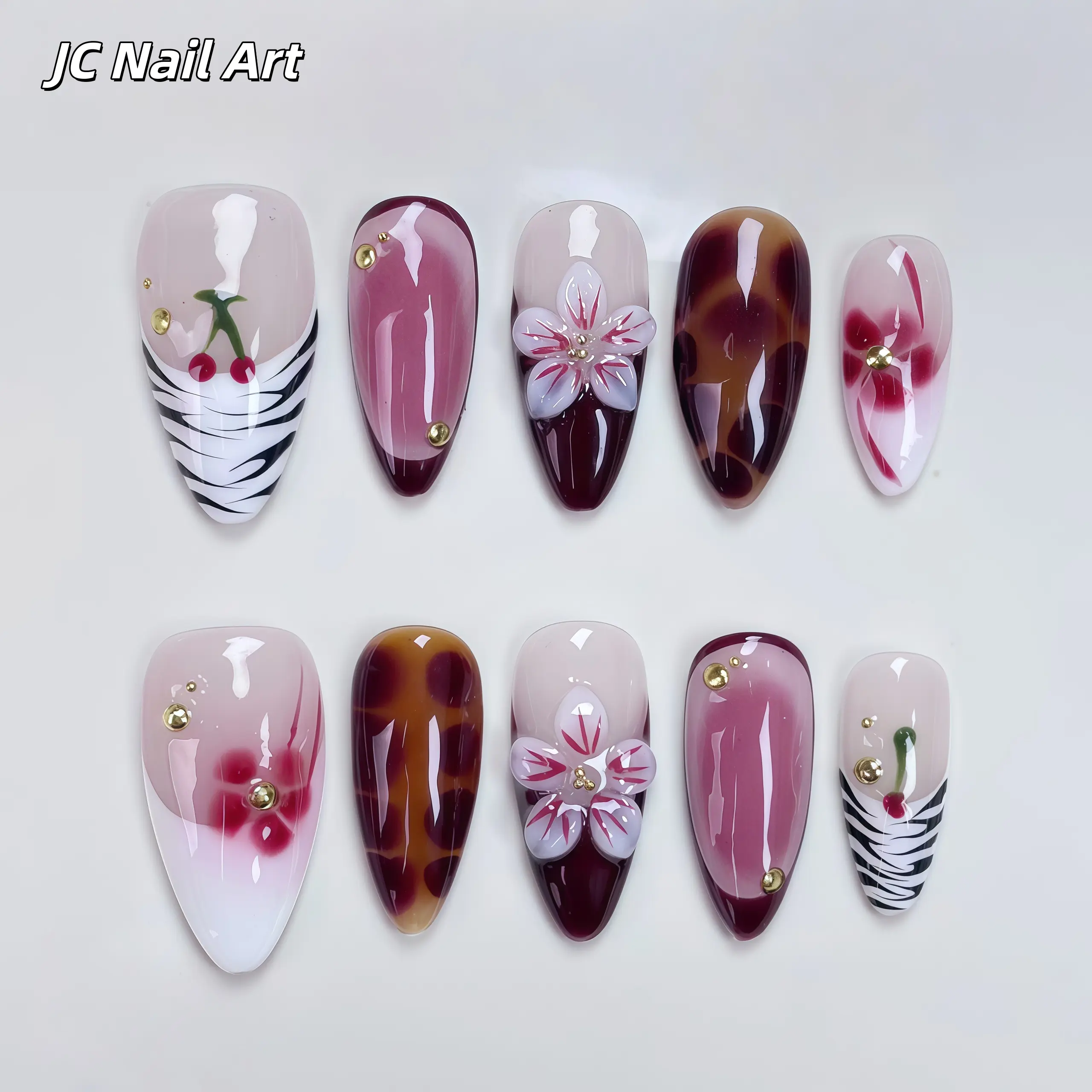JC T63 Easy-Paste Press On Nails - Autumn Handmade Single Item Set with Protection, Leopard Print, Gradient Effect, French-Style Gold Beads, Chic Wearable Armor Nail Art Decorations, M, Nail Inspo