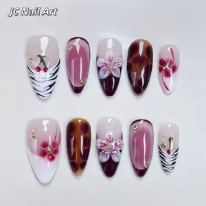 T63 New autumn-style wearable armor with chic style, leopard print, gradient effect, French-style gold beads, and handcrafted pure wearable armor pieces. handmade fall nail art set