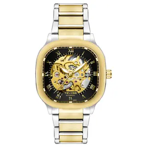 TEVISE Mens Fashion Mechanical Watch Large Square Dial Transparent Case Stainless Steel Band Visible Movement Alloy Case No Battery Perfect Gift for Fathers Day Birthday Valentine